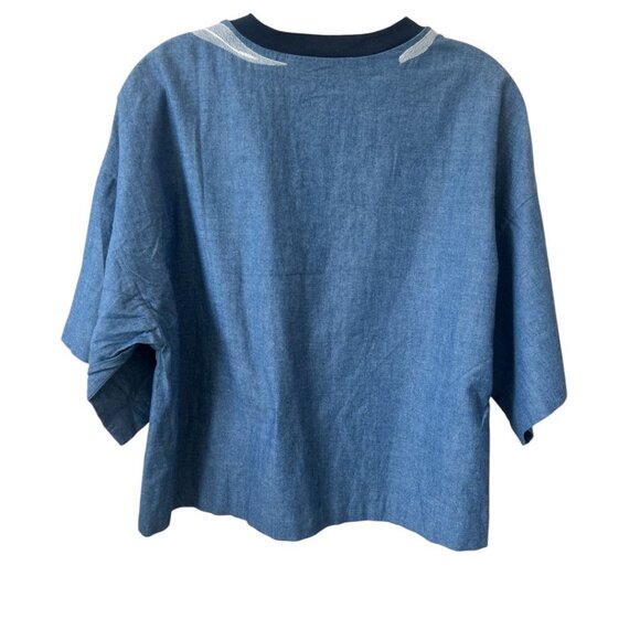 3.1 Philip Lim Blue Floral Silk Trimmed Chambray Embroidered Boxy Top Size 8 - Picture 2 of 10